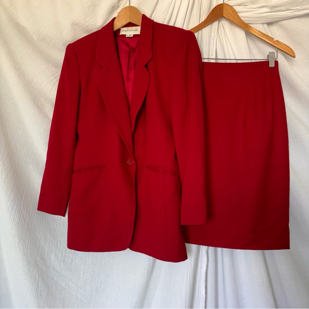 Vintage Jones New York Red Women's Skirt Suit Blazer Set